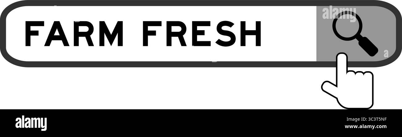 Cerca banner in Word farm Fresh con l'icona della lente di ingrandimento a mano su sfondo bianco Illustrazione Vettoriale