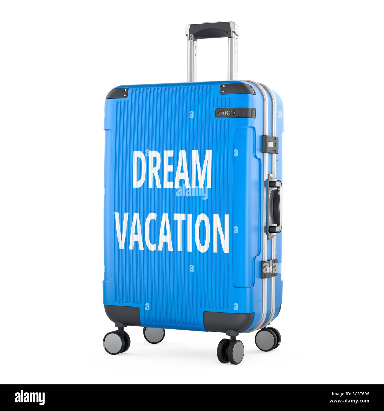 Concetto di vacanza da sogno con valigia. Rendering 3D isolato su sfondo bianco Foto Stock