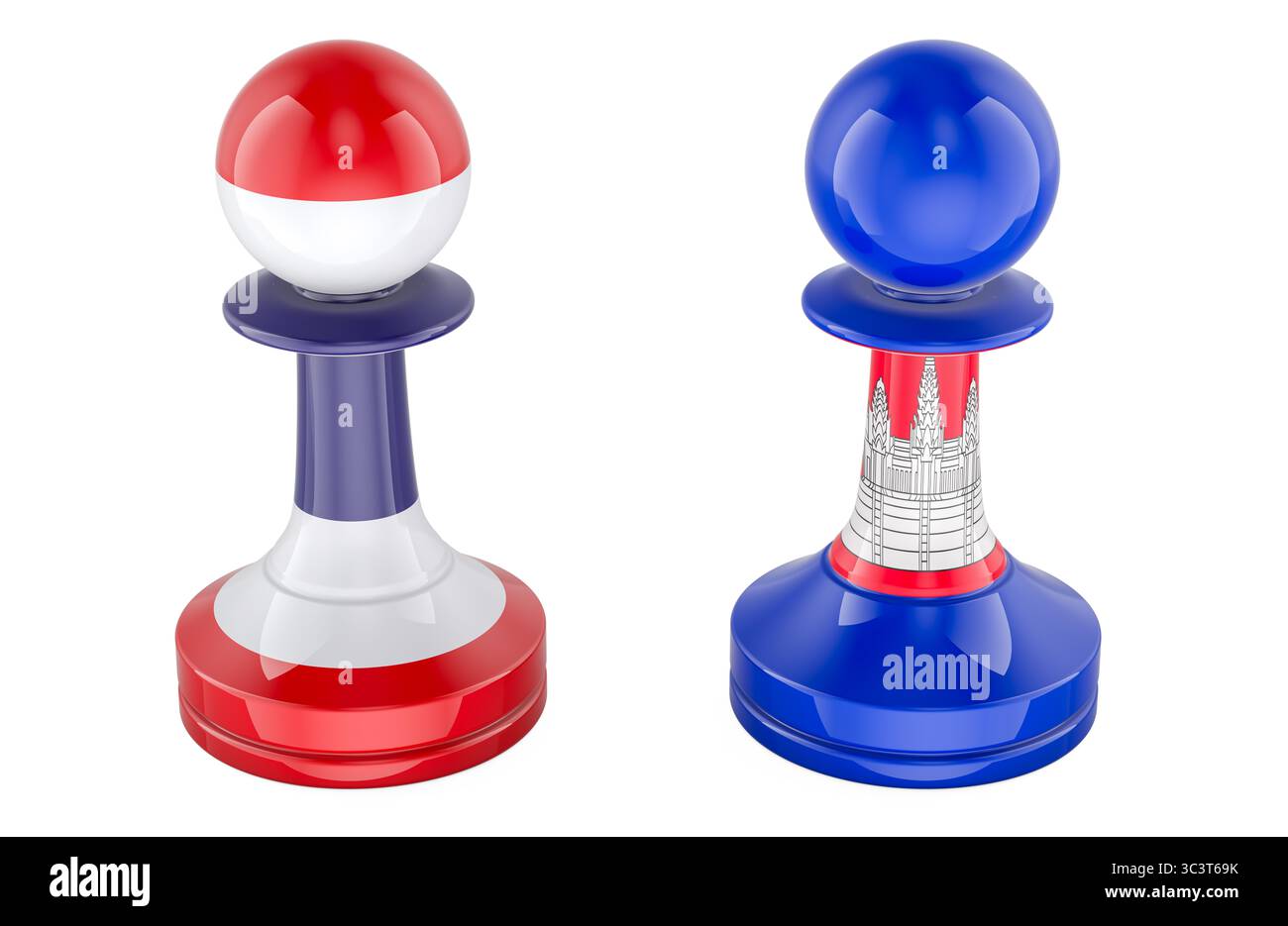 Conflitto tra Thailandia e Cambogia, concetto di tensione militare. Rendering 3D isolato su sfondo bianco Foto Stock