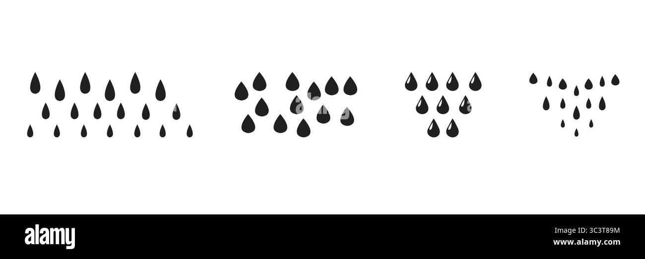Set di vettori di gocce di pioggia per il tempo piovoso, perfetto per progetti meteorologici, progetti a tema acqua, illustrazioni stagionali e opere d'arte ispirate alla natura. Illustrazione Vettoriale