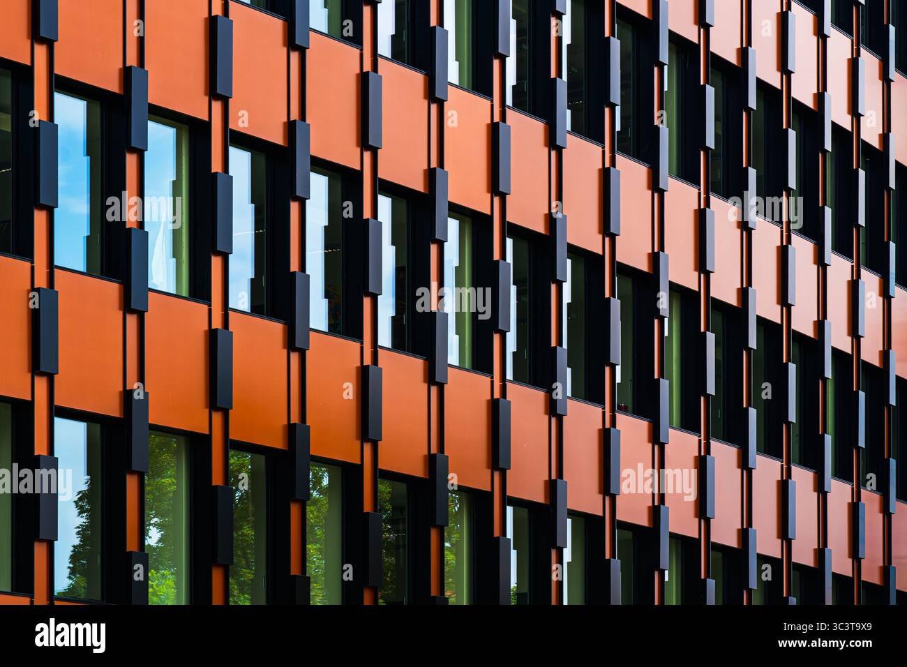 Facciata arancione e nera con elementi geometrici verticali Foto Stock