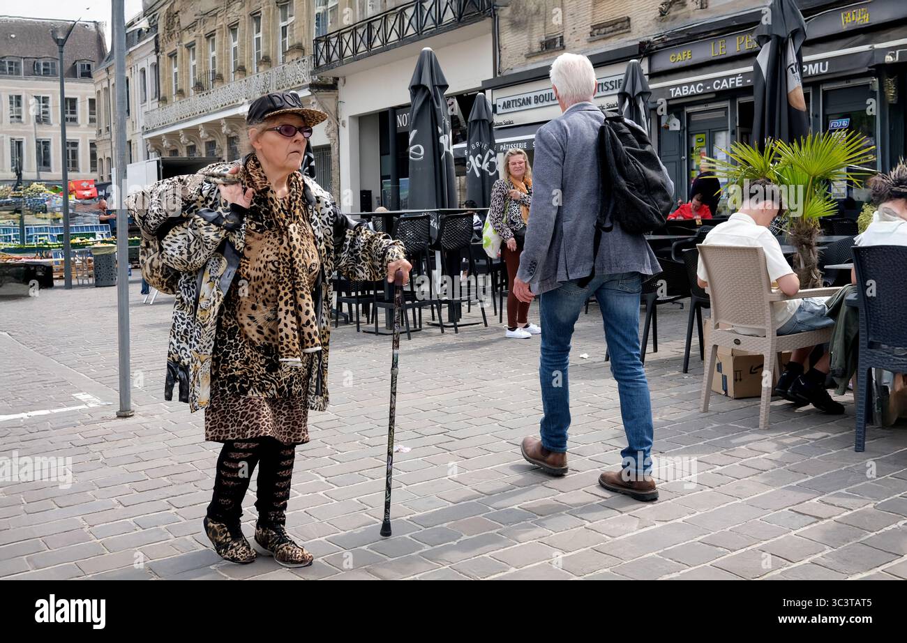 Lady vestita con stampe animali a Saint-Omer, Pas-de-Calais, Francia Foto Stock