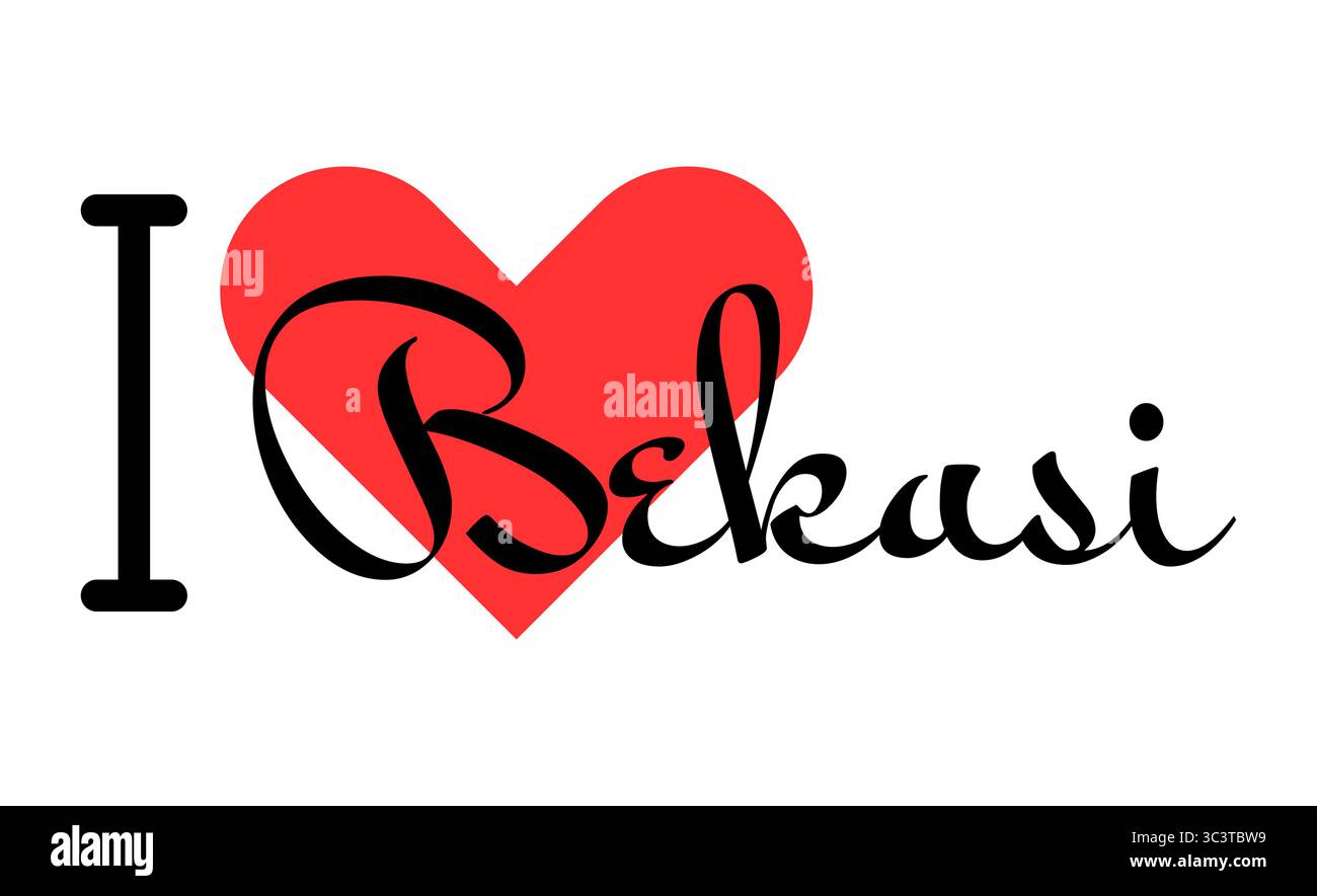 Amo Bekasi, città dell'Indonesia. Lettere disegnate a mano con cuore rosso. Caratteri per illustrazioni vettoriali, design moderno per t shirt, striscioni, poster, s. Illustrazione Vettoriale