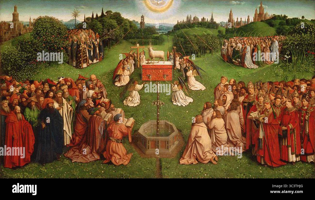 L'Adorazione centrale del pannello di agnello mistico. I raggruppamenti di figure sono, dall'alto a sinistra in senso antiorario: I martiri maschi, gli scrittori pagani e i profeti ebrei, i santi maschi e le martiri femminili. Jan van Eyck / Hubert van Eyck - Jan van Eyck Foto Stock