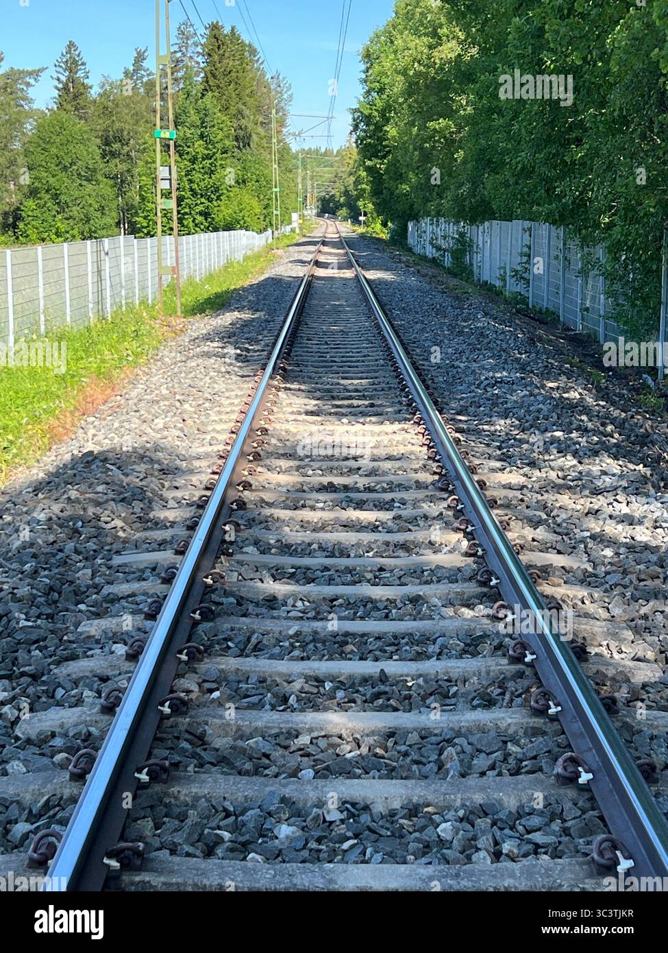 I binari del treno si estendono attraverso un lussureggiante paesaggio verde sotto un cielo blu brillante. Foto Stock