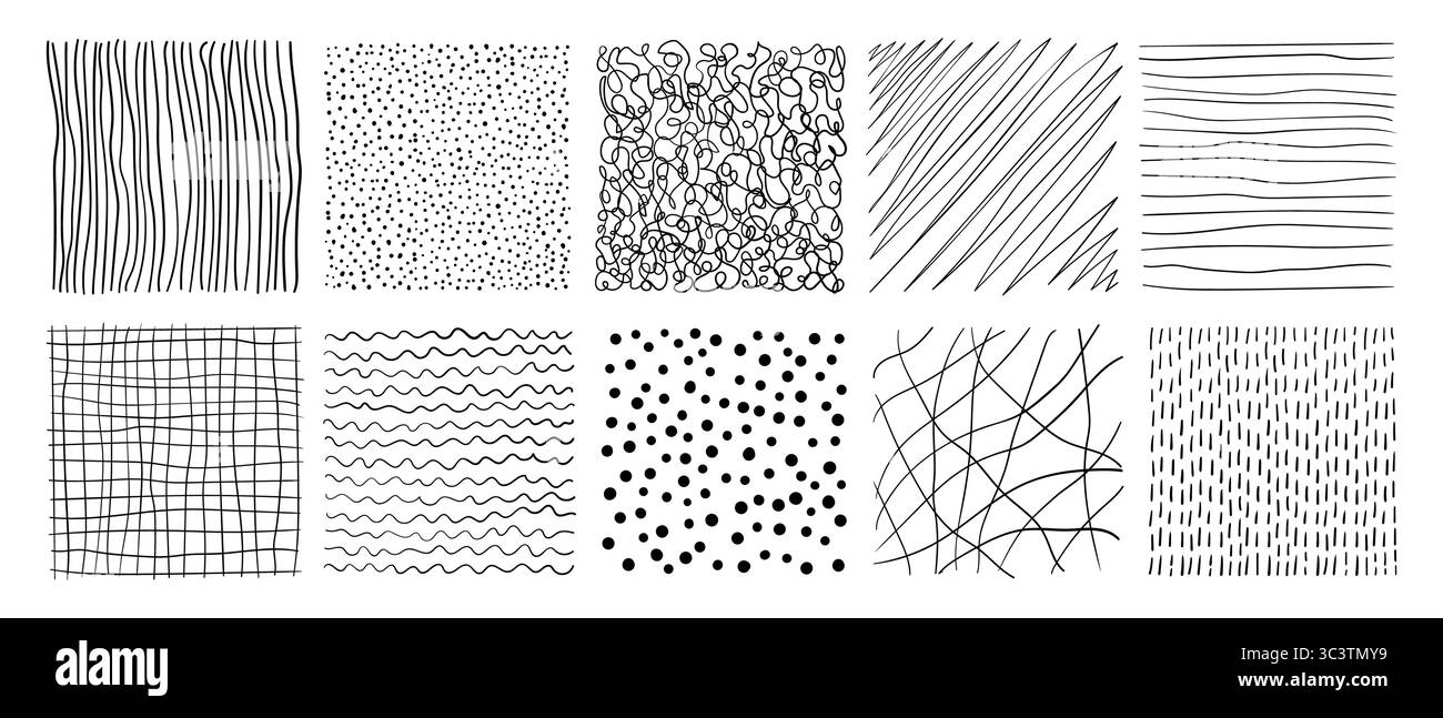 Set di texture disegnate a mano. Elementi di progettazione organici creativi per schizzi astratti vettoriali Illustrazione Vettoriale