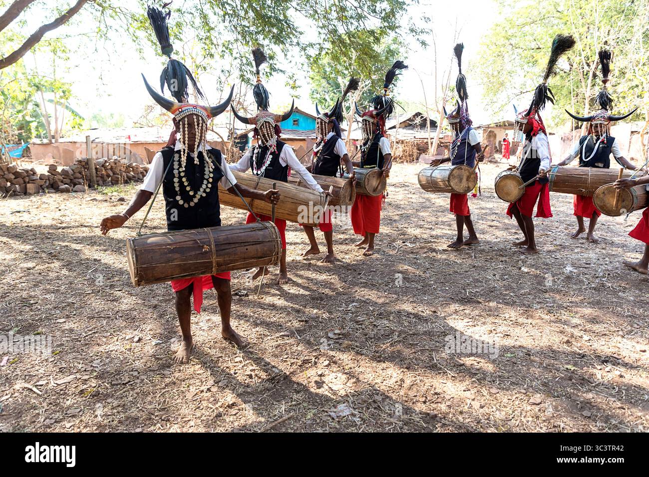 La tribù dei Bison-Horn Maria in costumi tradizionali esegue danze tradizionali, danze e suona alla batteria nella regione bastare, Chhattisgarh Foto Stock