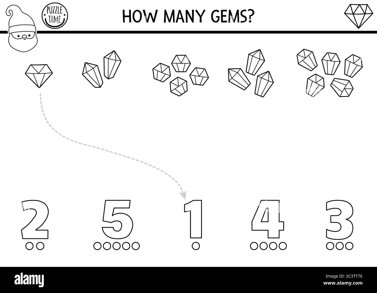 Abbina i numeri del gioco nano bianco e nero. Foresta magica o attività gnomo per bambini con gemme. Foglio di lavoro per il conteggio delle fiabe, pagina da colorare. Numero m Illustrazione Vettoriale