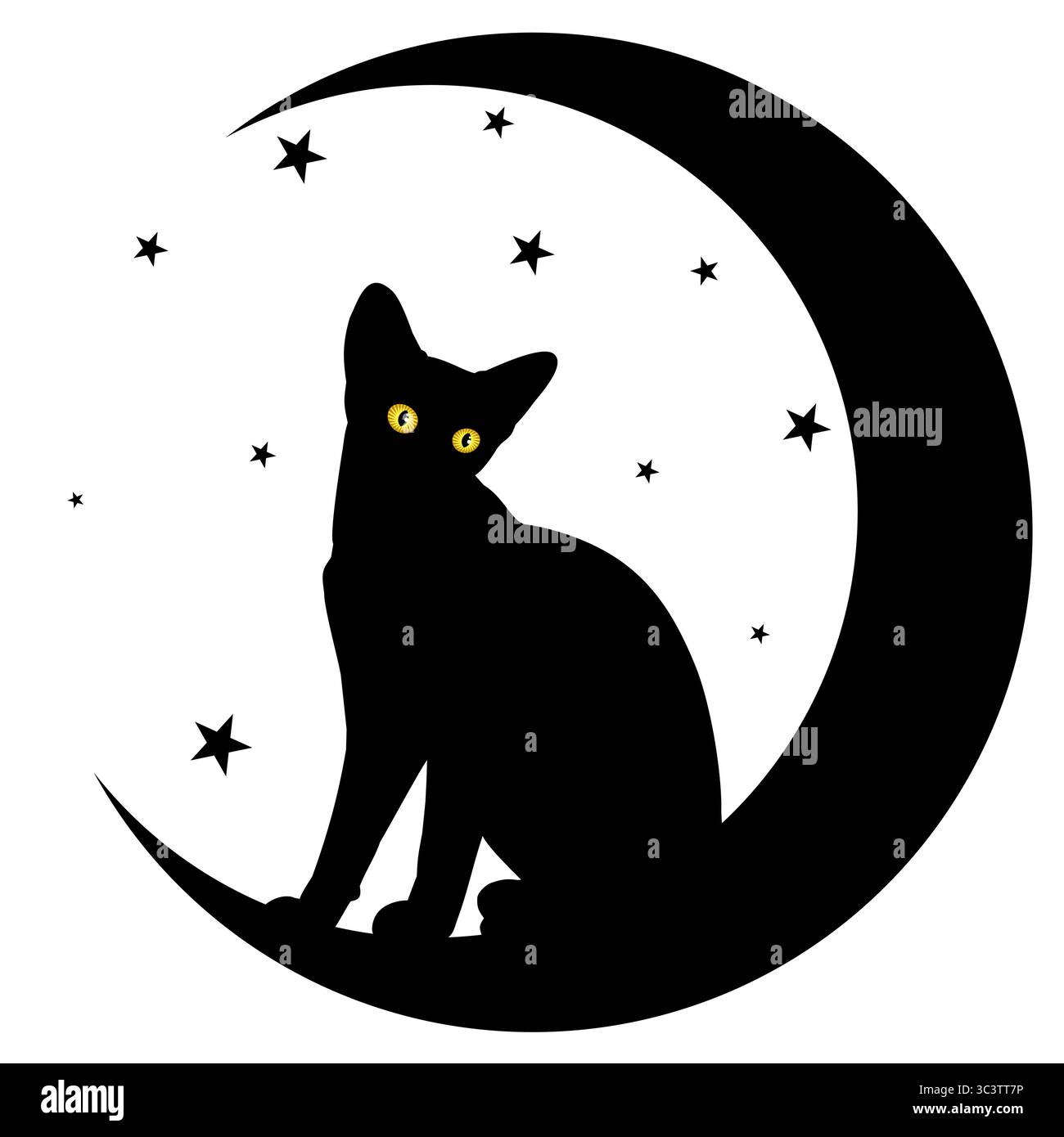 Un gatto nero con la luna e le stelle. Illustrazione Vettoriale