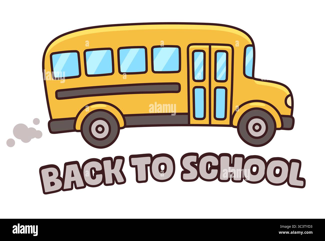 Classico disegno giallo dello scuolabus in carino stile cartoni animati disegnati a mano. Design banner Back to School, illustrazione vettoriale. Illustrazione Vettoriale