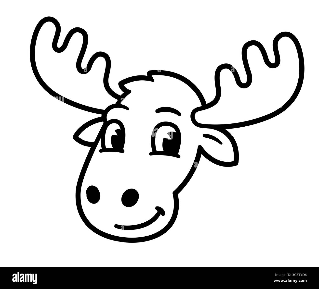 Divertente disegno della testa di alce del cartone animato. Linea di caratteri in bianco e nero. Illustrazione grafica clip vettoriale. Illustrazione Vettoriale