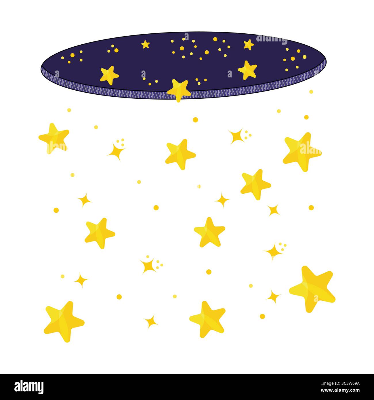 Magical Star Portal con illustrazione Falling Golden Stars. Dal portale, grandi stelle gialle e puntini scintillanti cadono graziosamente verso il basso. Illustrazione Vettoriale