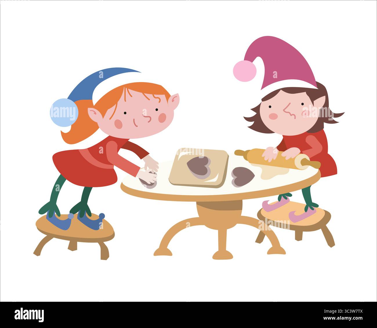 Elfi che preparano biscotti in cucina per Natale. Capodanno e vacanze invernali. Serie di illustrazioni secondarie isolate su sfondo bianco. Immagine per Illustrazione Vettoriale