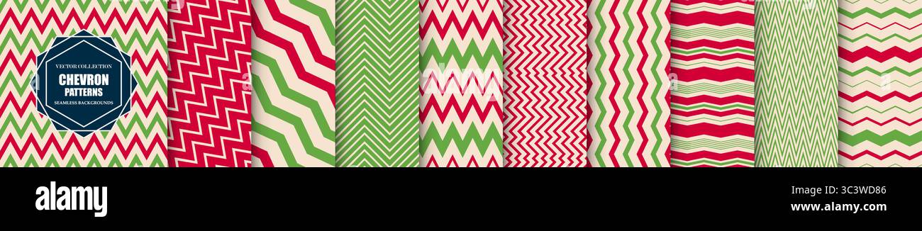 Collezione di motivi a righe chevron senza cuciture dai colori brillanti. Sfondi di moda astratti - design vivace. Texture ripetibili a zig-zag. Festivo Illustrazione Vettoriale