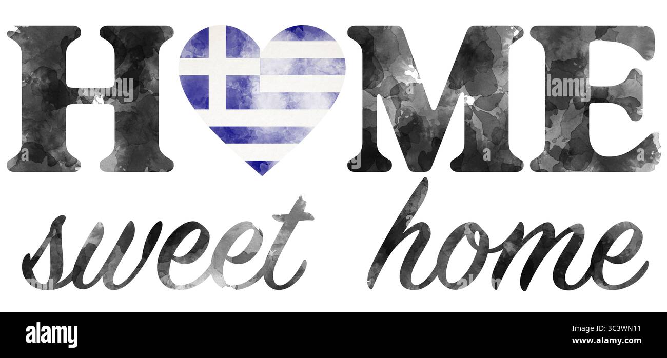 Frase Home Sweet Home con bandiera greca in tecnica acquerello su sfondo bianco, illustrazione patriottica come amore per la patria Foto Stock