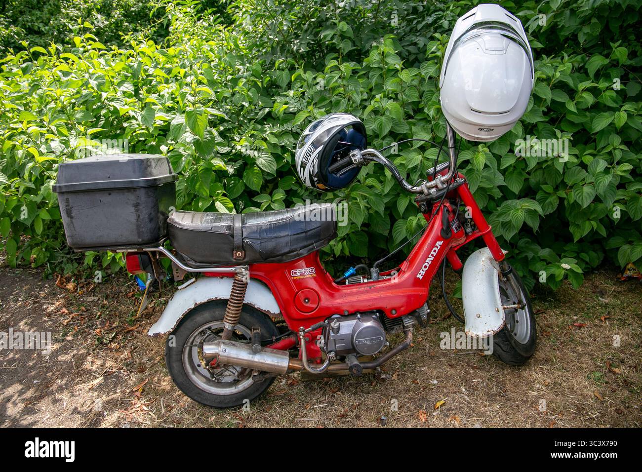 Moto rossa Honda CF70 parcheggiata da lussureggianti cespugli verdi con un vano portaoggetti posteriore nero e due caschi appesi al manubrio presso la moto calne Meeting Foto Stock