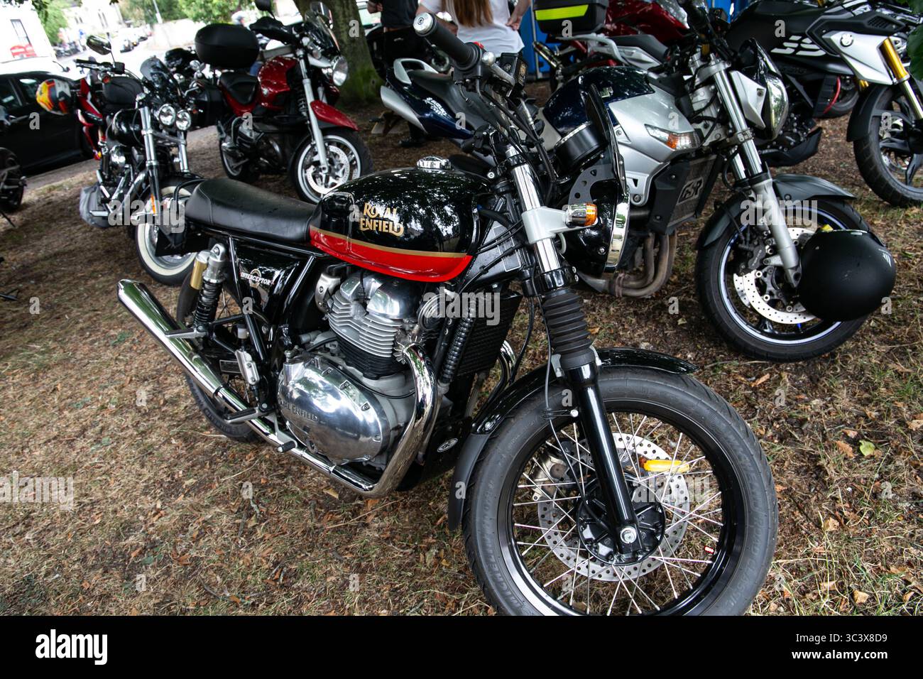 Un gruppo di motociclette parcheggiate al Calne bike Meet, tra cui un Royal Enfield in un ambiente all'aperto ombreggiato, caratterizzato da diversi stili e marchi. Foto Stock