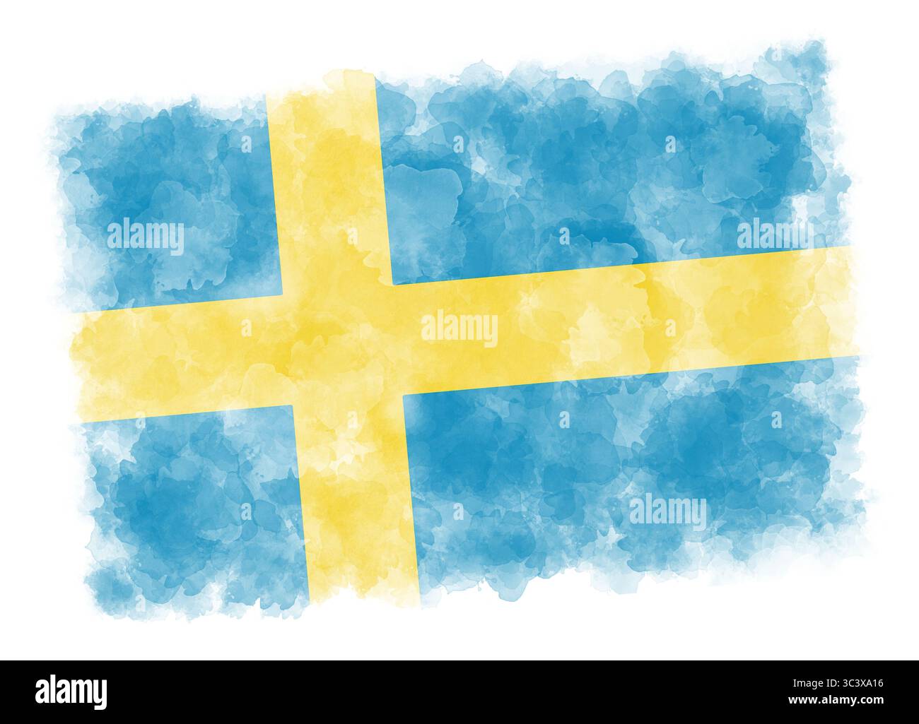 Bandiera svedese in tecnica acquerello su sfondo bianco, disegno illustrativo patriottico Foto Stock