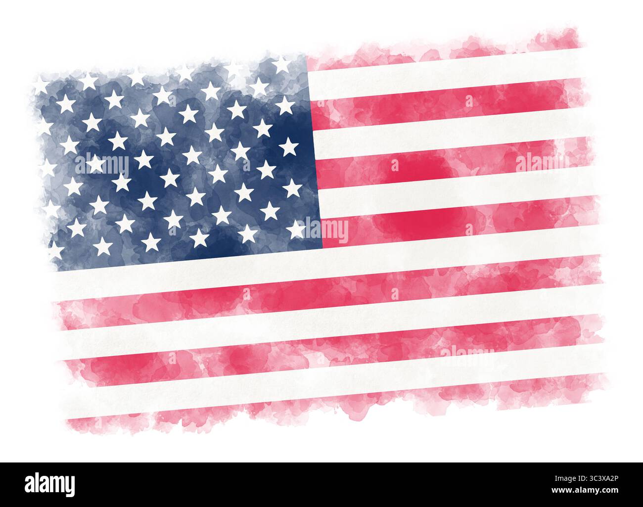 Bandiera americana in tecnica acquerello su sfondo bianco, disegno illustrativo patriottico Foto Stock