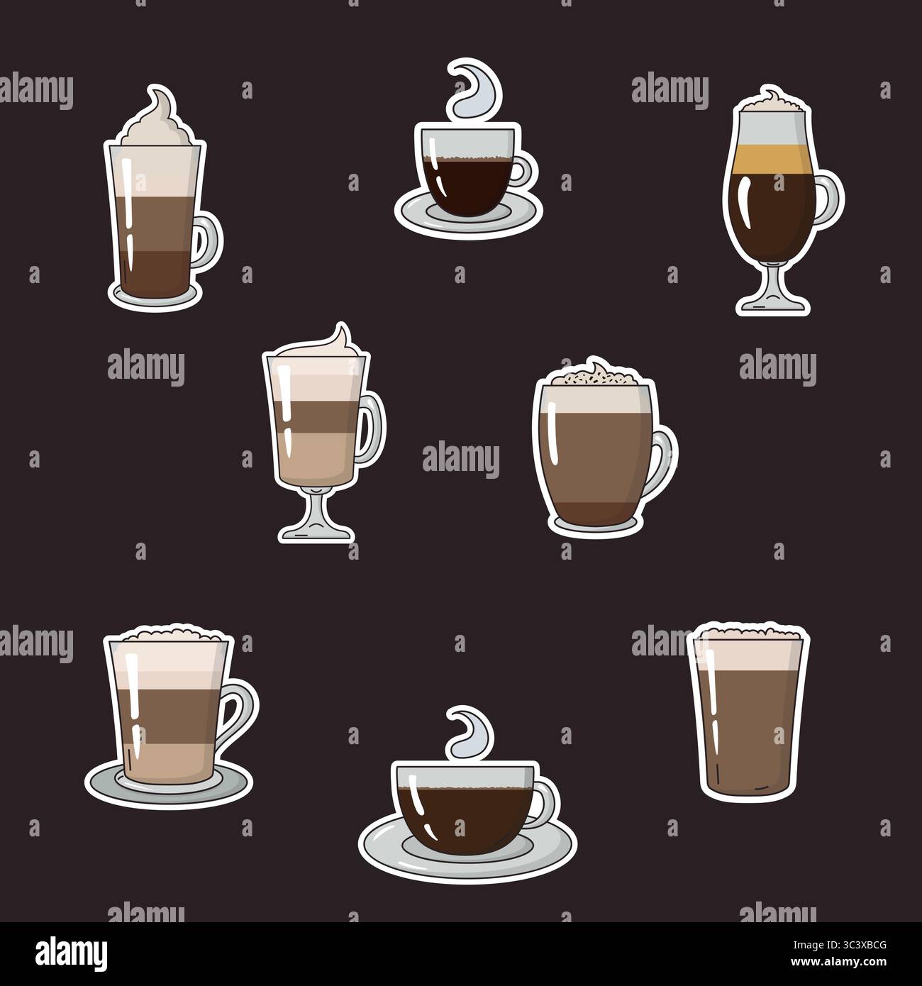 Set di adesivi Vector per bevande al caffè, tra cui americano, cappuccino, espresso, latte, mochaccino, Flat White, Irish Coffee e Glace. Doodle st Illustrazione Vettoriale