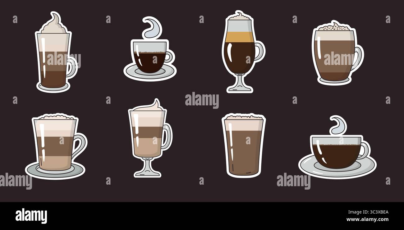Set di adesivi Vector per bevande al caffè, tra cui americano, cappuccino, espresso, latte, mochaccino, Flat White, Irish Coffee e Glace. Doodle st Illustrazione Vettoriale