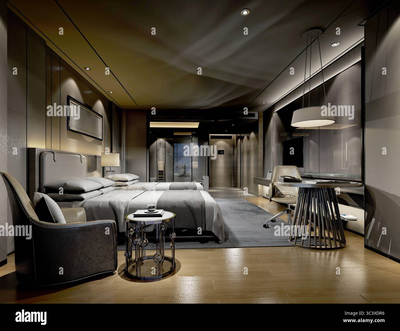 rendering in 3d di un appartamento di lusso o di una camera da letto in hotel Foto Stock