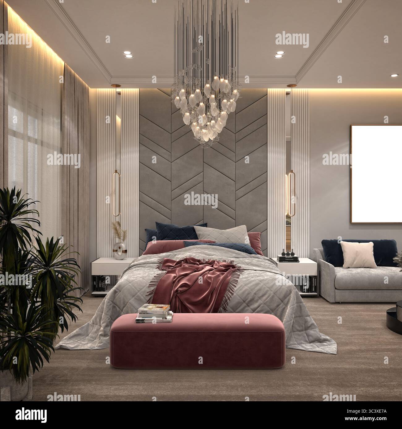 rendering in 3d di un appartamento di lusso o di una camera da letto in hotel Foto Stock