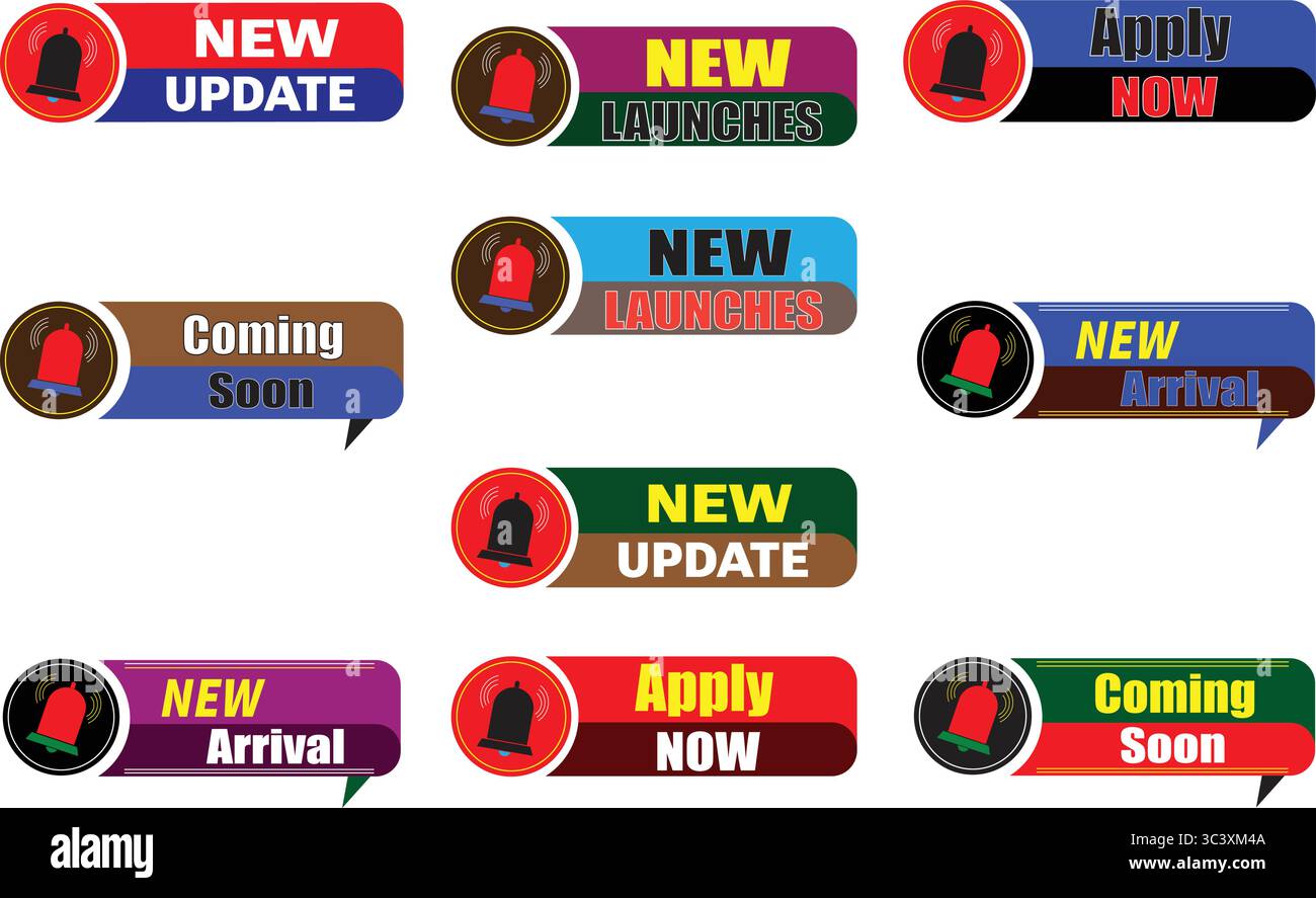 Set vettoriale di etichette promozionali multistile che include nuovi tag di lancio, aggiornamento e arrivo Illustrazione Vettoriale