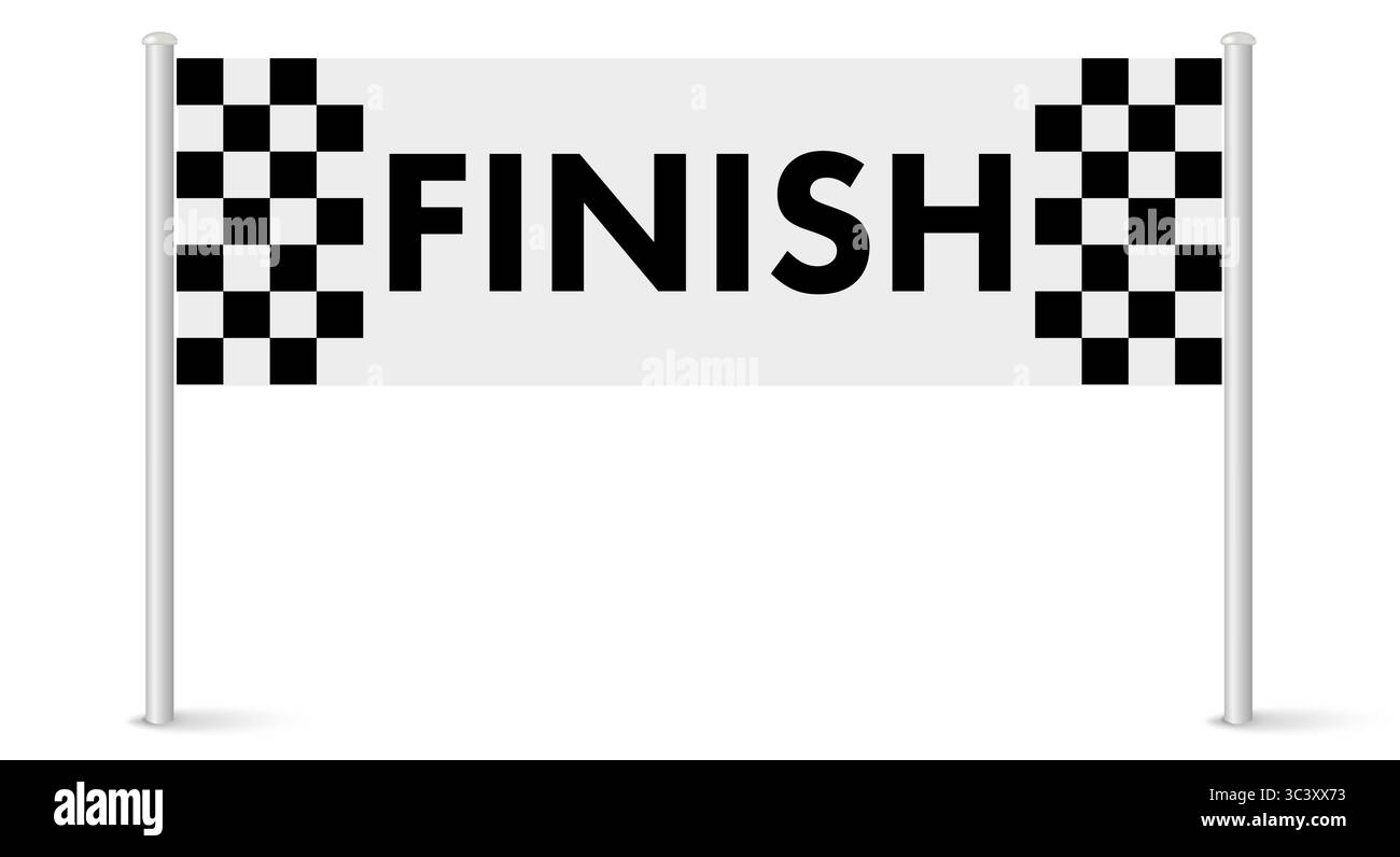 Striscione con finitura a scacchi su due pali. Illustrazione vettoriale realistica 3D isolata su bianco. Illustrazione Vettoriale