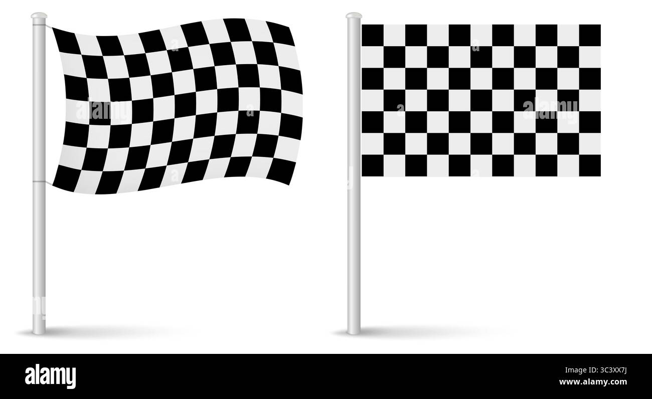 Termina flag puntina puntatore mappa. Bandiere dritte e ondulate. Bandiera da corsa a scacchi. Illustrazione vettoriale realistica 3D isolata su bianco. Illustrazione Vettoriale