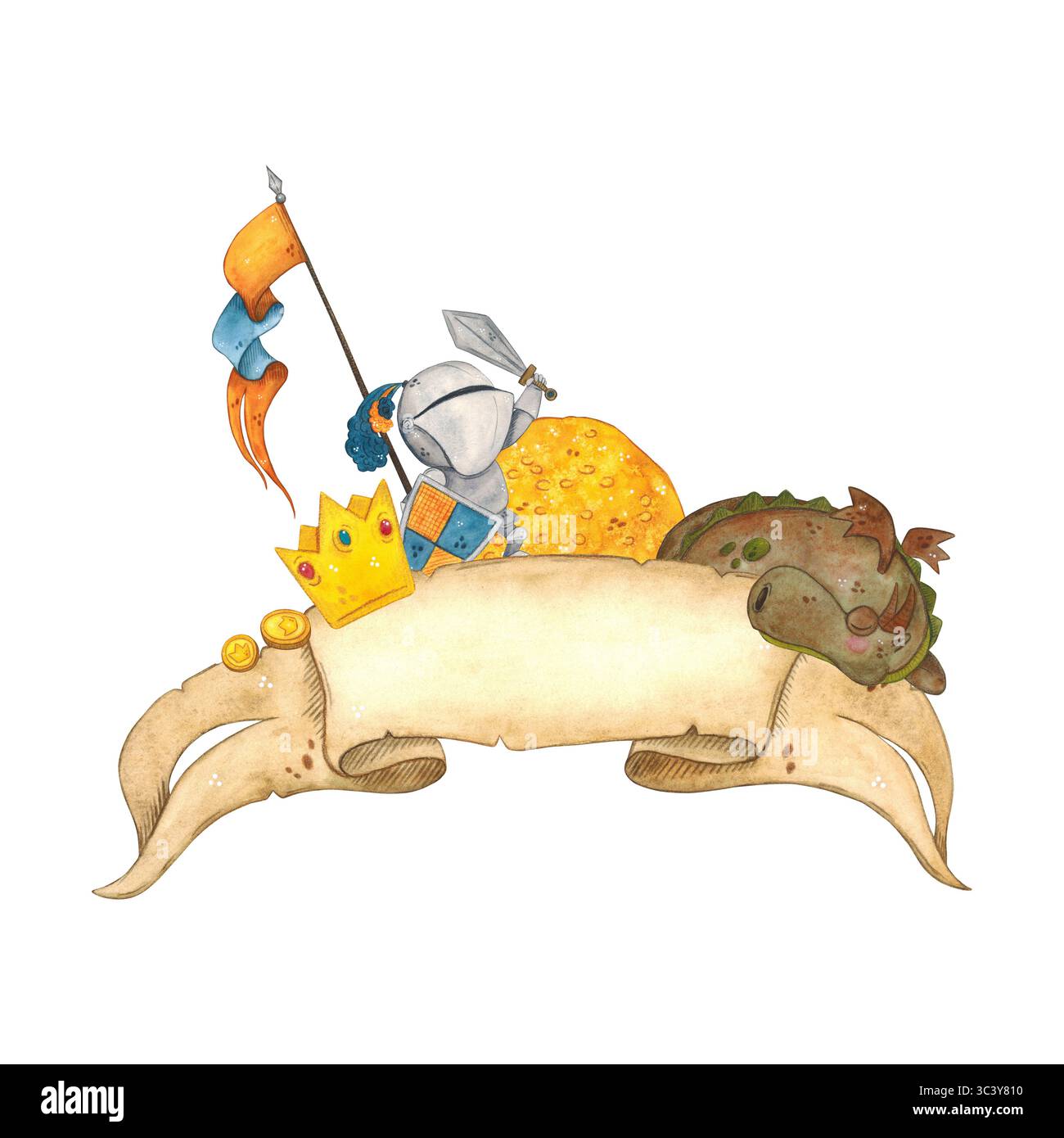 Cavaliere con spada e scudo sullo sfondo del nastro della vecchia pergamena tra l'oro va al drago addormentato. Illustrazione ad acquerello, fatta a mano Foto Stock Cavaliere con spada e scudo sullo sfondo del nastro della vecchia pergamena tra l'oro va al drago addormentato. Illustrazione ad acquerello, fatta a mano Foto Stock