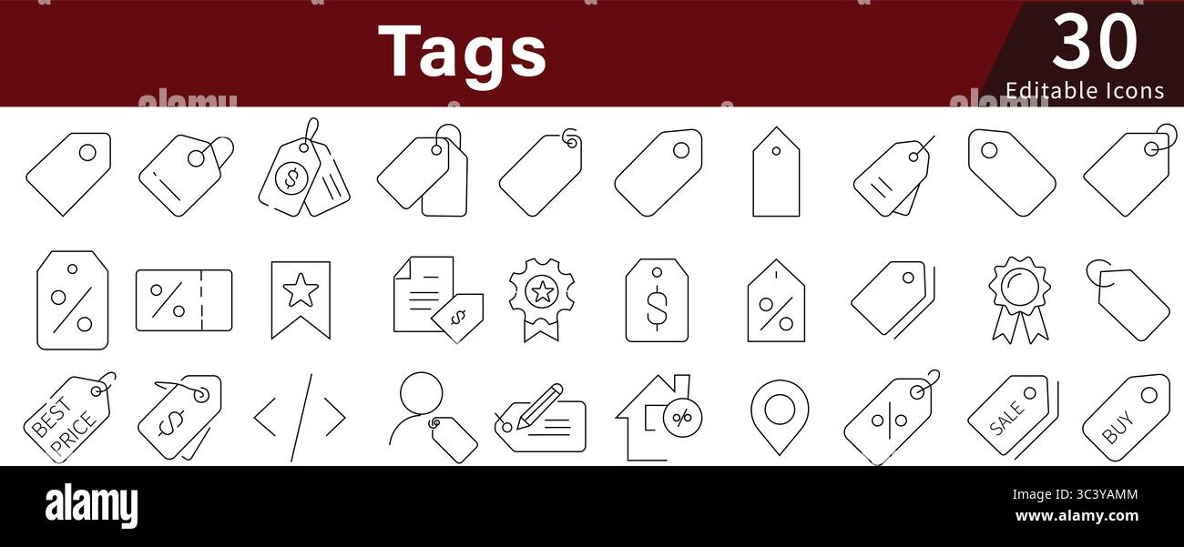 Tag icone riga modificabili Set per etichetta, prezzo, acquisti e identificazione prodotto Illustrazione Vettoriale