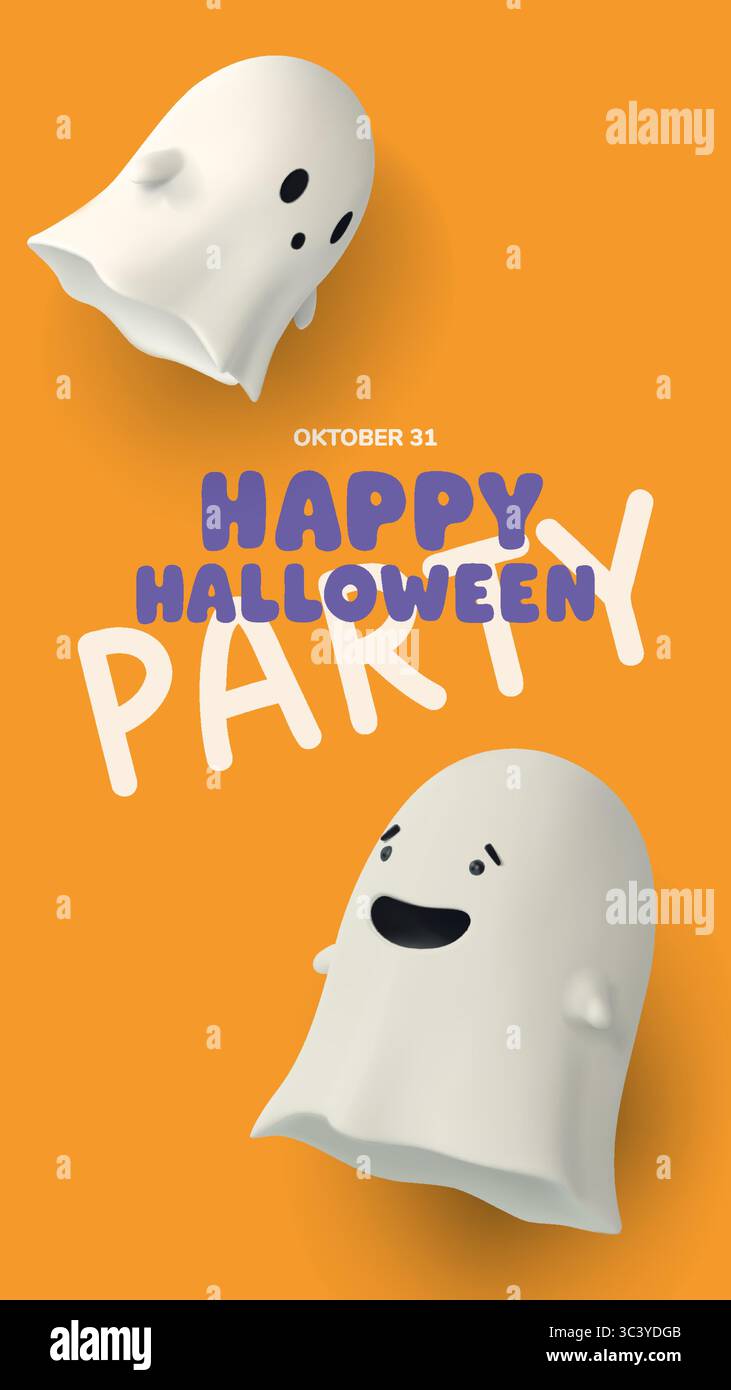 Poster verticale per feste di Halloween con due simpatici fantasmi cartoni animati 3D su un vivace sfondo arancione. Design divertente e festoso per inviti, volantini, dispositivi mobili Illustrazione Vettoriale