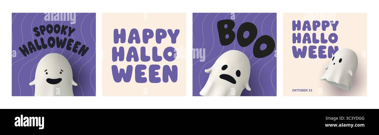 Set di poster quadrati di Halloween con fantasmi cartoni animati 3D con testi divertenti come Spooky Halloween e Boo. Design carino e festoso per social media e volantini Illustrazione Vettoriale