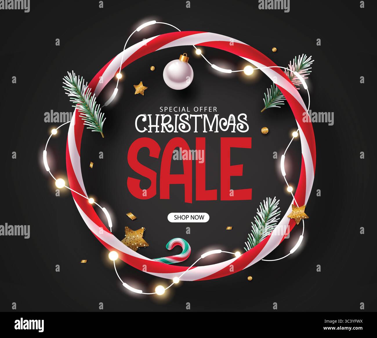 Design della corona di Natale su sfondo nero illustrazione vettoriale Illustrazione Vettoriale