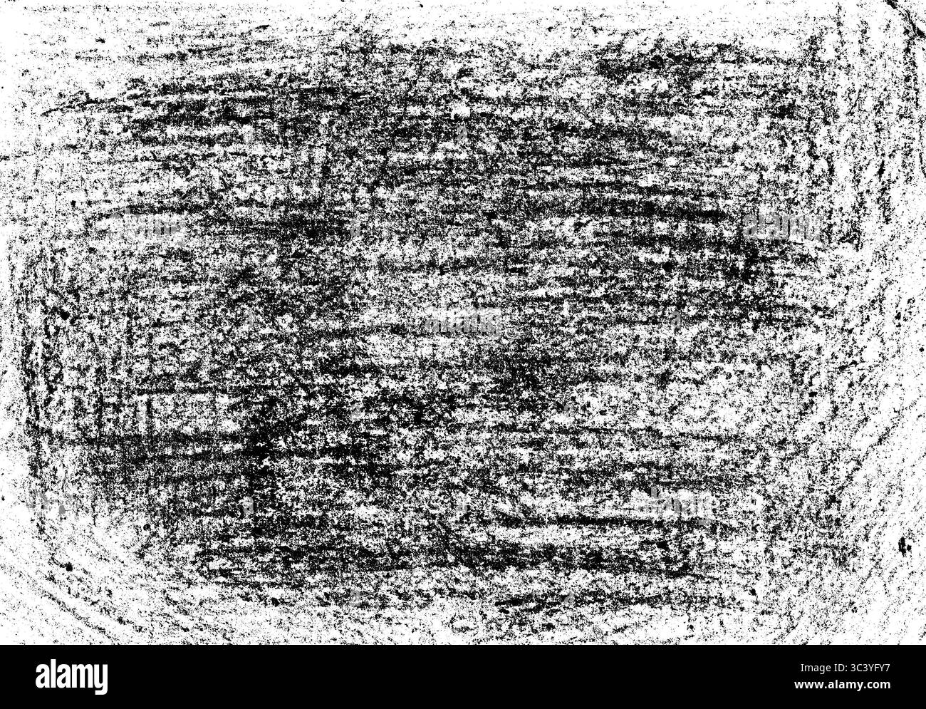 Sfondo pieno di trame caotiche. Colpi con matite, gesso, pastelli di cera. Colore nero. Diverse sfumature di grigio. Sfondo bianco visibile. Monocromatico. Texture per la stampa. Foto Stock