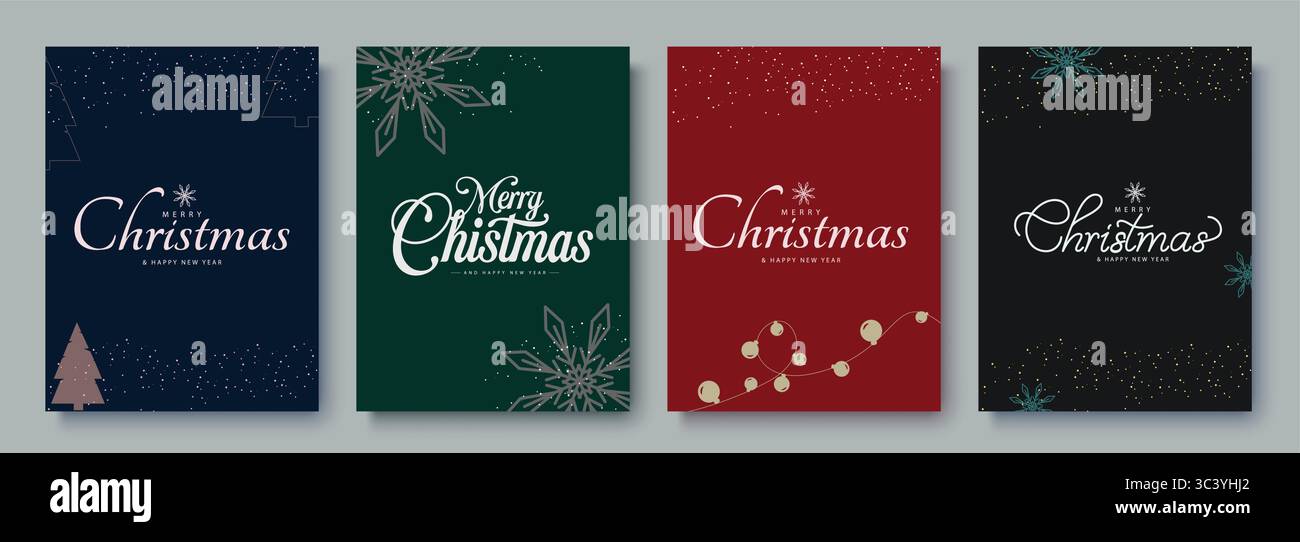 Set di biglietti di auguri natalizi con luci natalizie, fiocchi di neve e illustrazione vettoriale dell'albero di Natale. Illustrazione Vettoriale