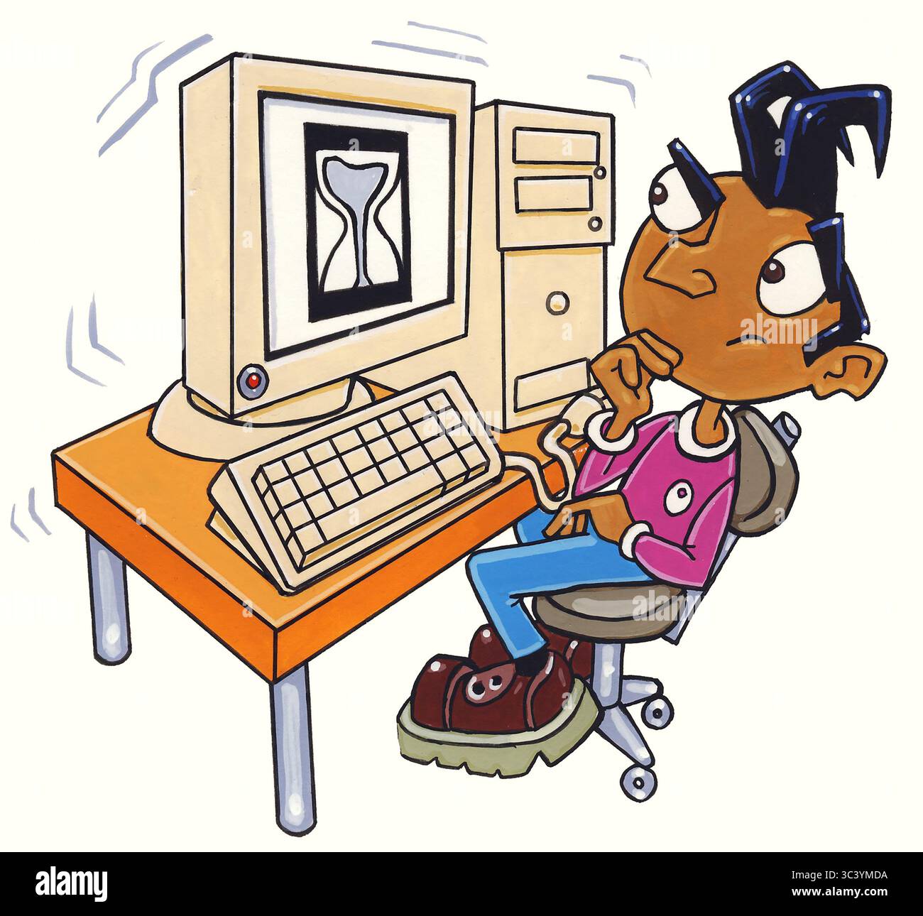 Uomo di concept art davanti a un computer bloccato con il simbolo del timer dell'uovo sullo schermo, computer lenti, vecchia tecnologia, banda larga lenta Foto Stock