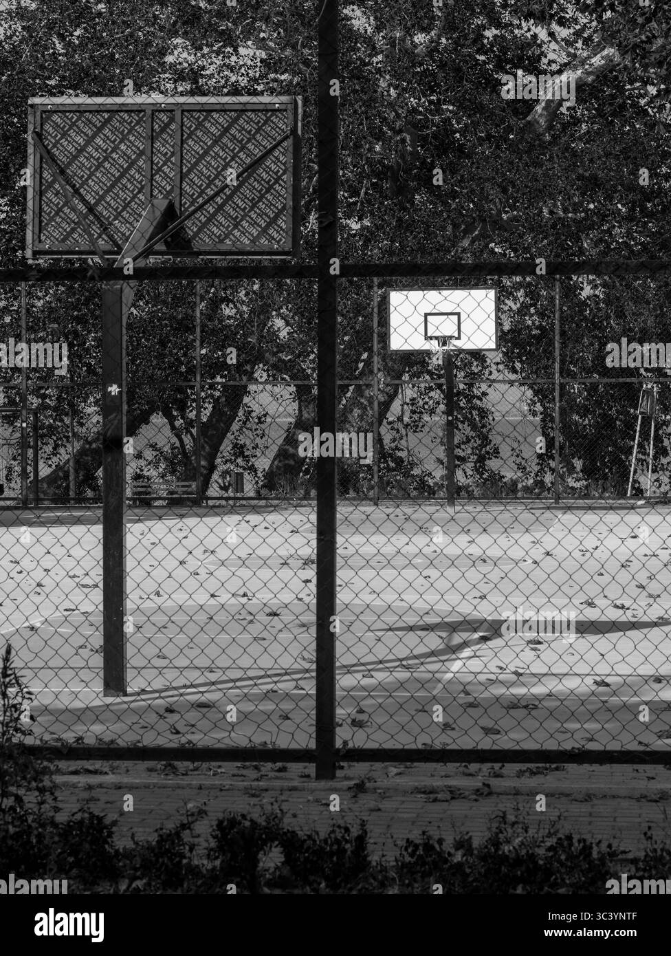 Lati opposti: Rivalità silenziosa sulla corte vuota. Tonalità monocromatiche. Foto Stock