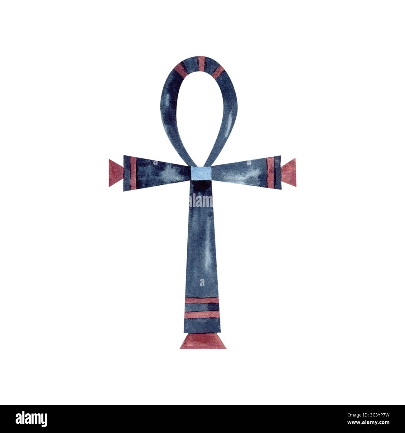 Ankh, antico simbolo religioso egiziano. Geroglifico in forma di croce, ornamento isolato dallo sfondo. Illustrazione dell'icona blu scuro, rosso con acquerello per Foto Stock