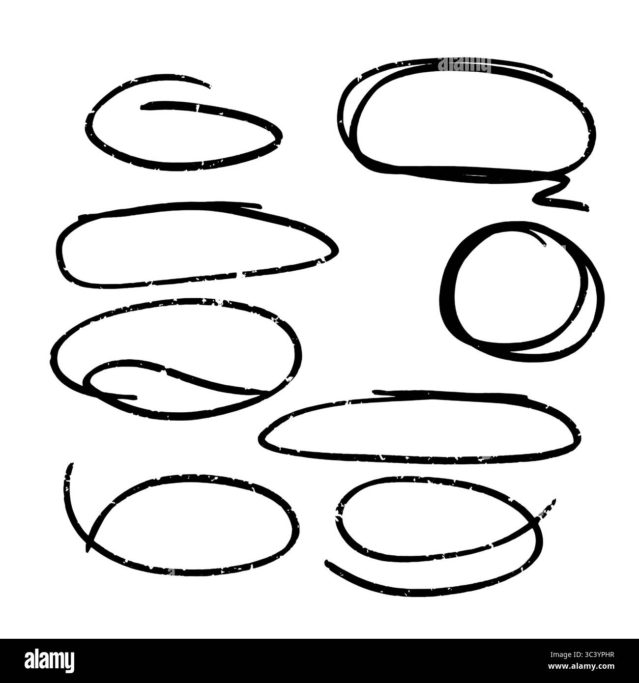Linea circolare, stile disegnato a mano, schizzo in bianco e nero. Illustrazione vettoriale. Il doodle è in forma di cerchi di forme diverse, isolati sul bianco Illustrazione Vettoriale