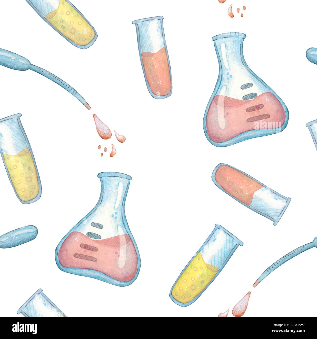 Struttura senza cuciture con matracci volanti e provette riempite di soluzioni. Illustrazione acquerello disegnata a mano, cartone animato. Disegno per adesivo, poster Foto Stock