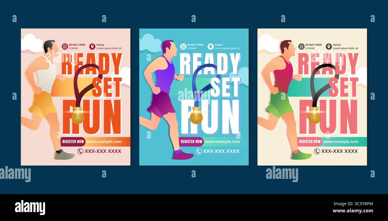 Modelli di social media moderni ed energici che promuovono eventi di corsa o maratone. Include tipografia in grassetto, illustrazione del corridore e registrazione Illustrazione Vettoriale