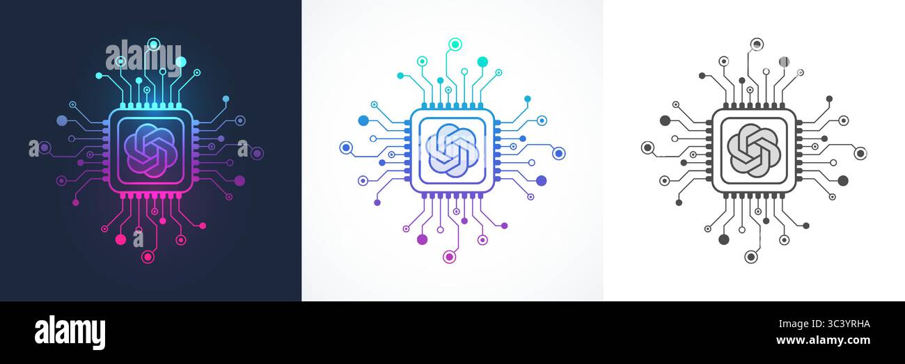 Icona GPT, simbolo, logo nello stile della linea del circuito. Progettazione delle icone vettoriali del processore bot per la chat AI. Chip digitale della scheda madre GPT per poster, banner, intestazione Illustrazione Vettoriale