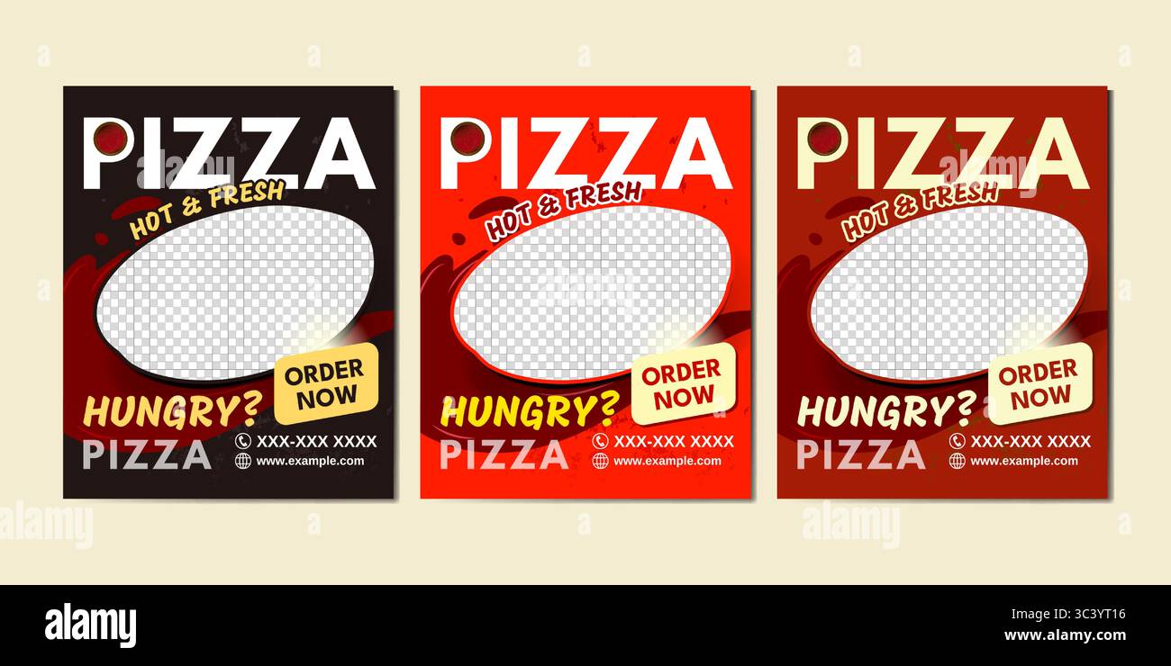 Deliziosi e vivaci modelli di pubblicità per la pizza per i social media. Propone pizza calda e fresca, perfetta per ristoranti e servizi di consegna a domicilio Illustrazione Vettoriale