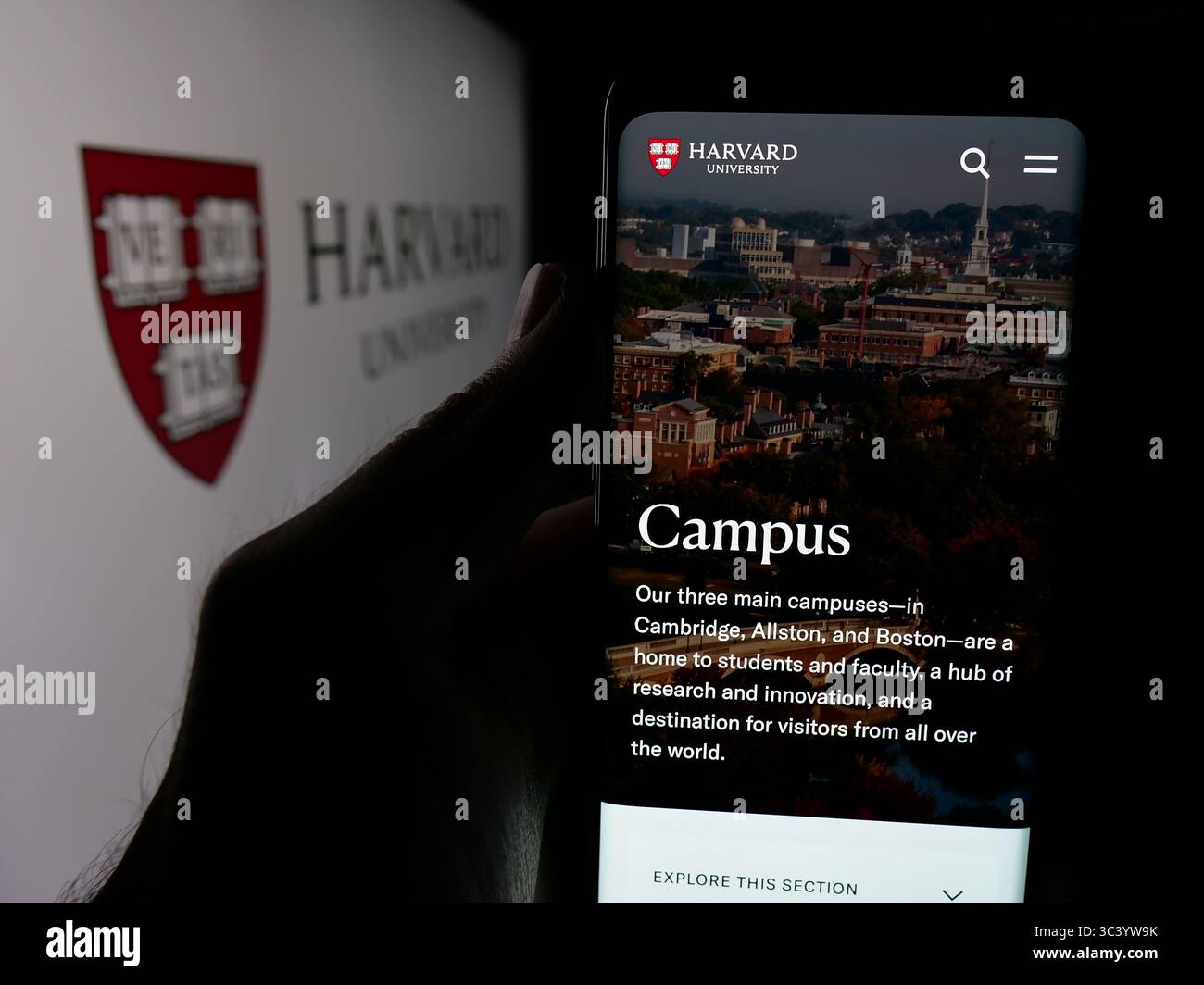 Stoccarda, Germania - 06-09-2025: Persona che tiene un cellulare con pagina web dell'istituto di ricerca statunitense Harvard University sullo schermo davanti al logo. Foto Stock
