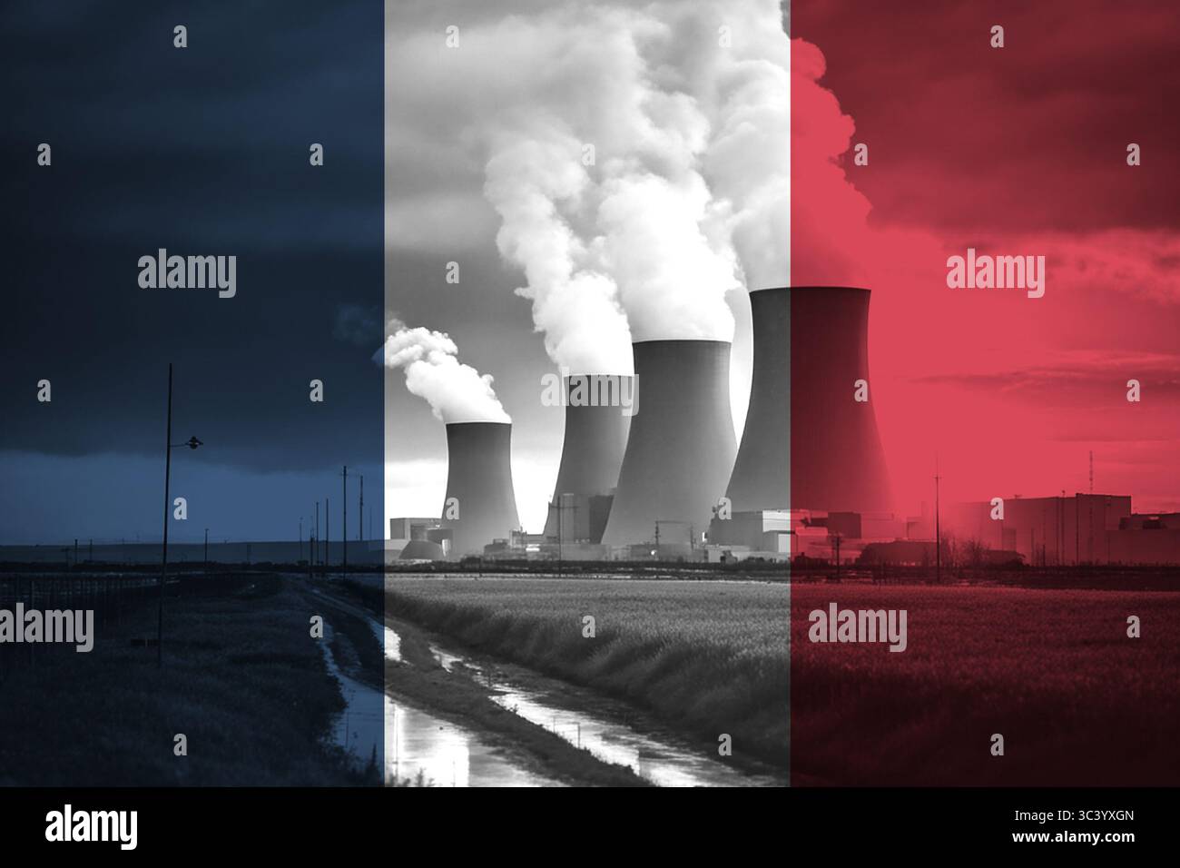 Centrale nucleare con bandiera nazionale francese che simboleggia la produzione di energia pulita Foto Stock