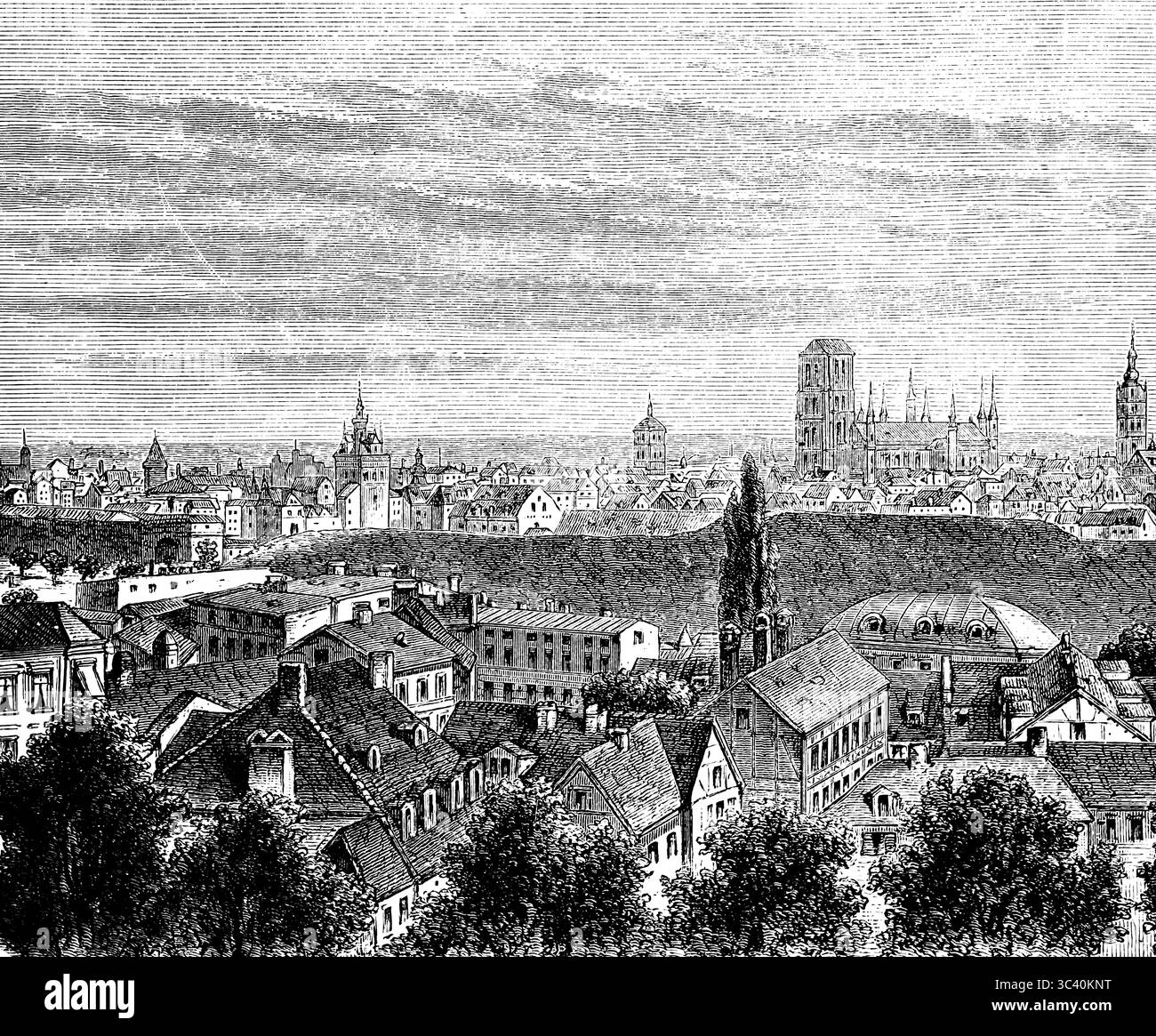 Paesaggio urbano di Danzica, Pomerania, Polonia, chiese, torri, ex Impero tedesco, illustrazione storica 1896 Foto Stock