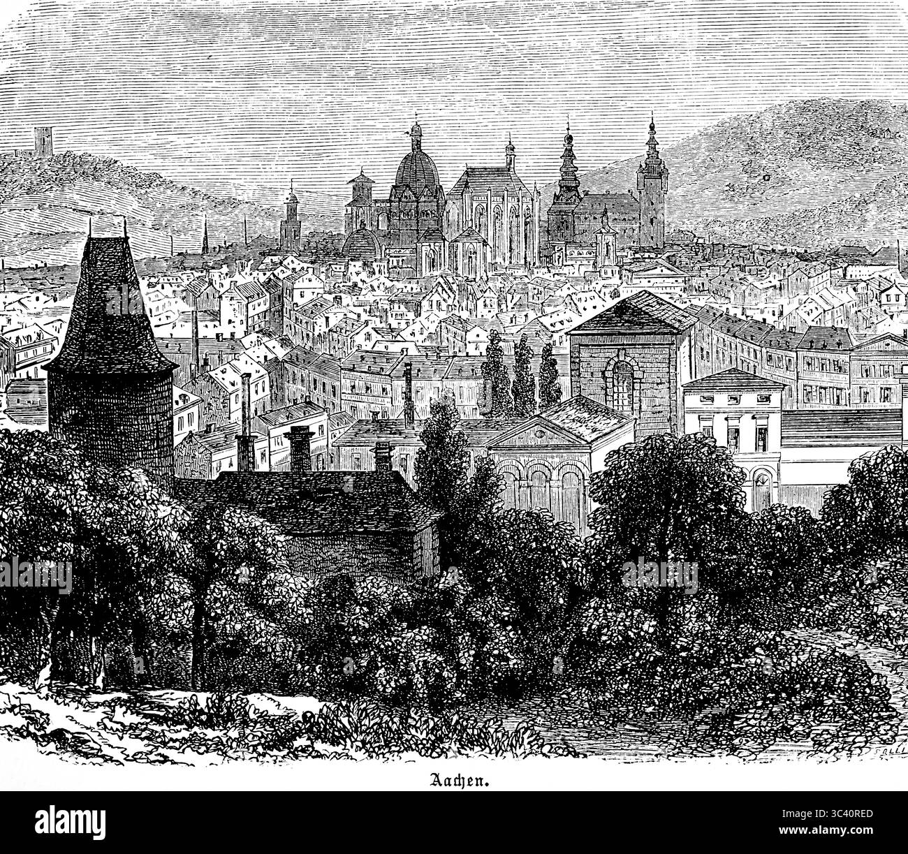 Paesaggio urbano di Aquisgrana, ex città imperiale e incoronazione imperiale, municipio, cattedrale, Renania settentrionale-Vestfalia, Germania, illustrazione storica 1896 Foto Stock