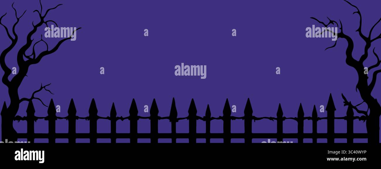 Modello per striscioni viola di Halloween con silhouette di albero spaventoso storto e un vecchio recinto del cimitero, spazio per l'inserimento. Illustrazione vettoriale Illustrazione Vettoriale